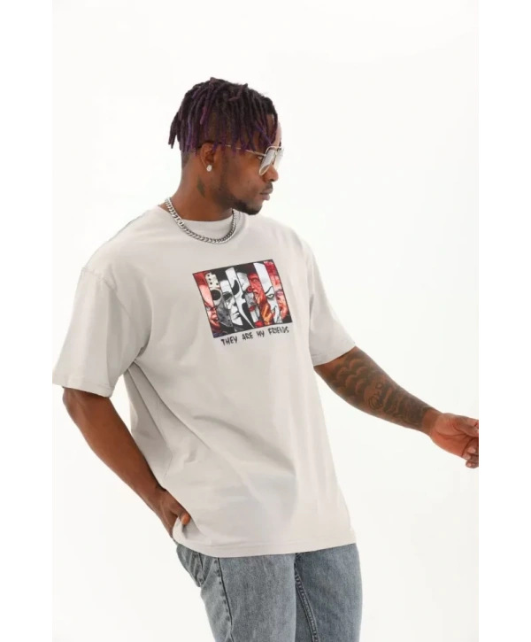 Unisex Oversize Baskılı Bisiklet Yaka T-Shirt - Gri