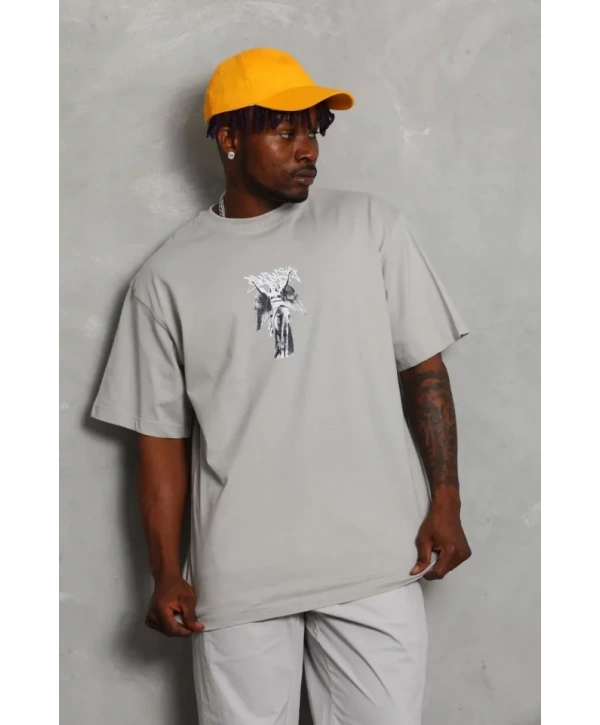 Unisex Oversize Baskılı Bisiklet Yaka T-Shirt - Gri