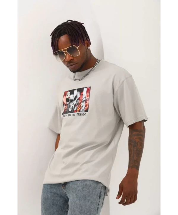 Unisex Oversize Baskılı Bisiklet Yaka T-Shirt - Gri