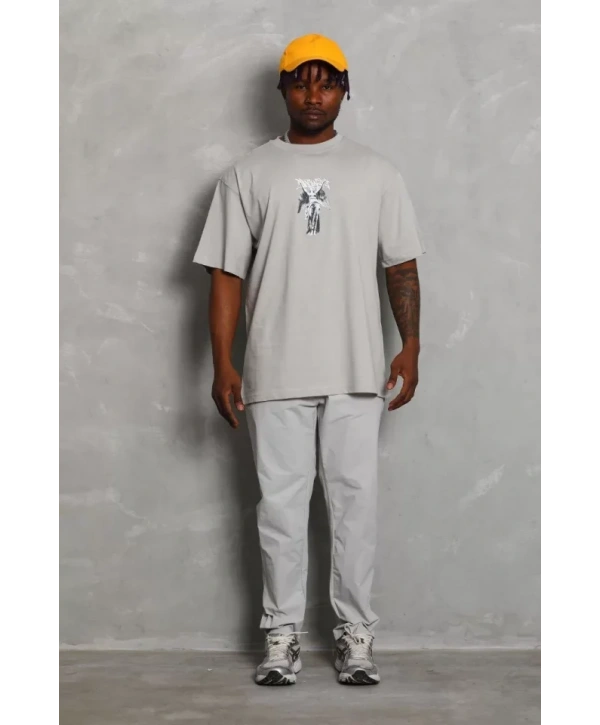 Unisex Oversize Baskılı Bisiklet Yaka T-Shirt - Gri