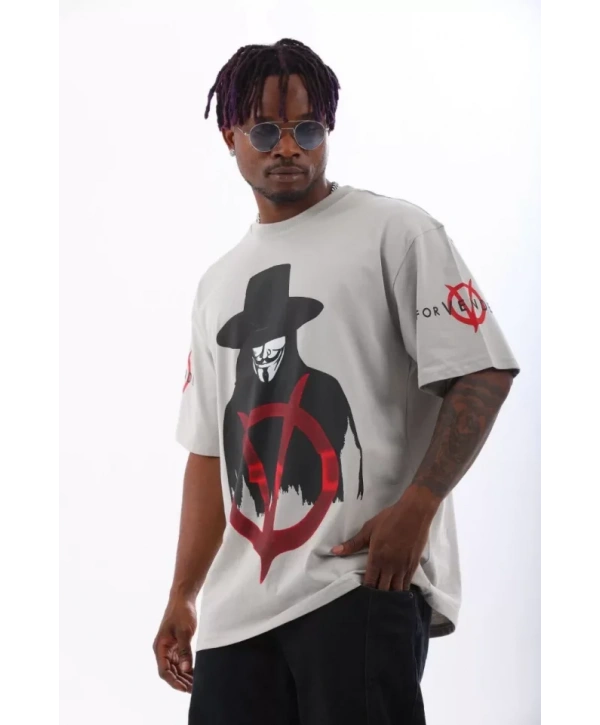 Unisex Oversize Baskılı Bisiklet Yaka T-Shirt - Gri