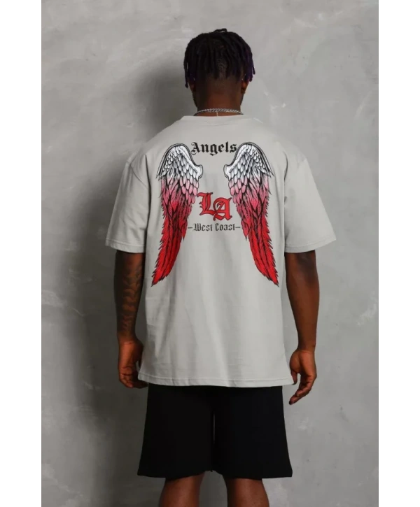 Unisex Oversize Baskılı Bisiklet Yaka T-Shirt - Gri