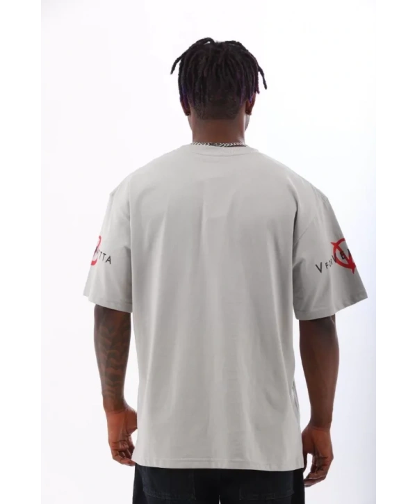 Unisex Oversize Baskılı Bisiklet Yaka T-Shirt - Gri