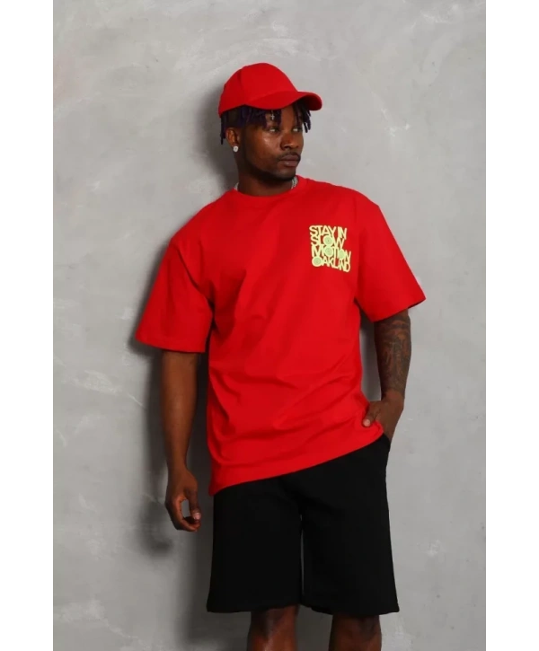 Unisex Oversize Baskılı Bisiklet Yaka T-Shirt - Kırmızı