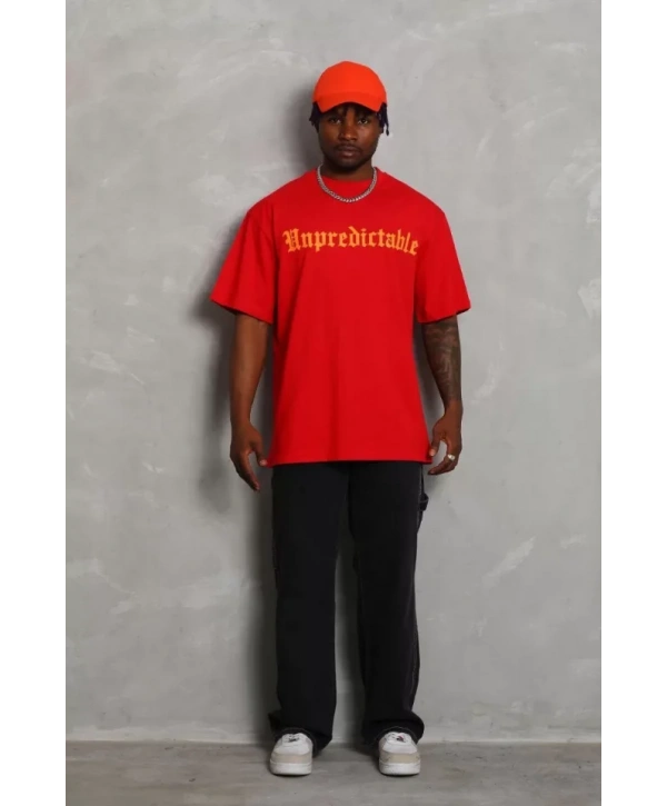 Unisex Oversize Baskılı Bisiklet Yaka T-Shirt - Kırmızı