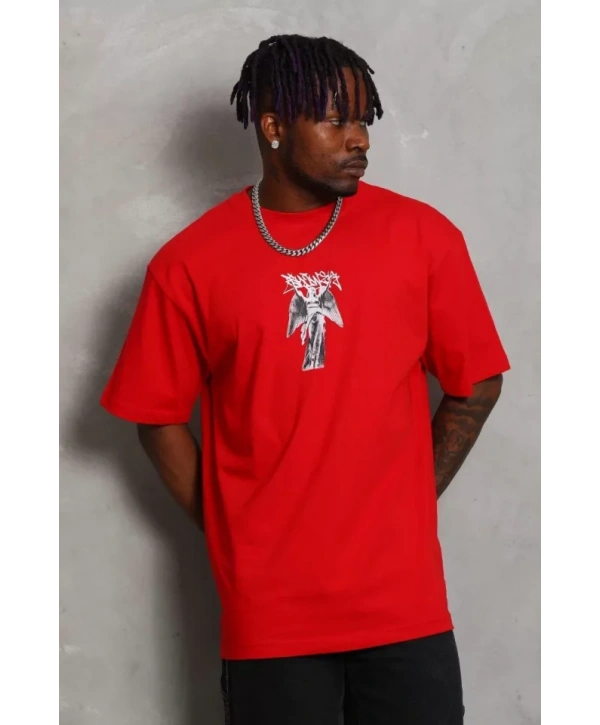 Unisex Oversize Baskılı Bisiklet Yaka T-Shirt - Kırmızı