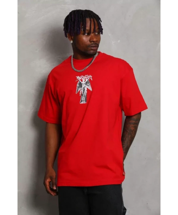 Unisex Oversize Baskılı Bisiklet Yaka T-Shirt - Kırmızı