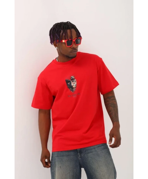 Unisex Oversize Baskılı Bisiklet Yaka T-Shirt - Kırmızı