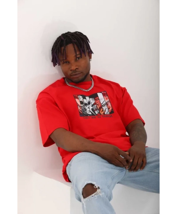 Unisex Oversize Baskılı Bisiklet Yaka T-Shirt - Kırmızı