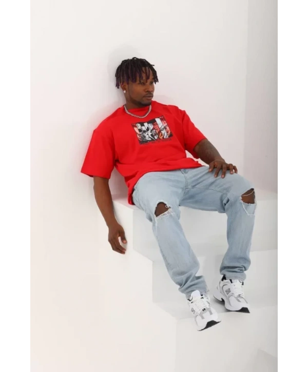 Unisex Oversize Baskılı Bisiklet Yaka T-Shirt - Kırmızı