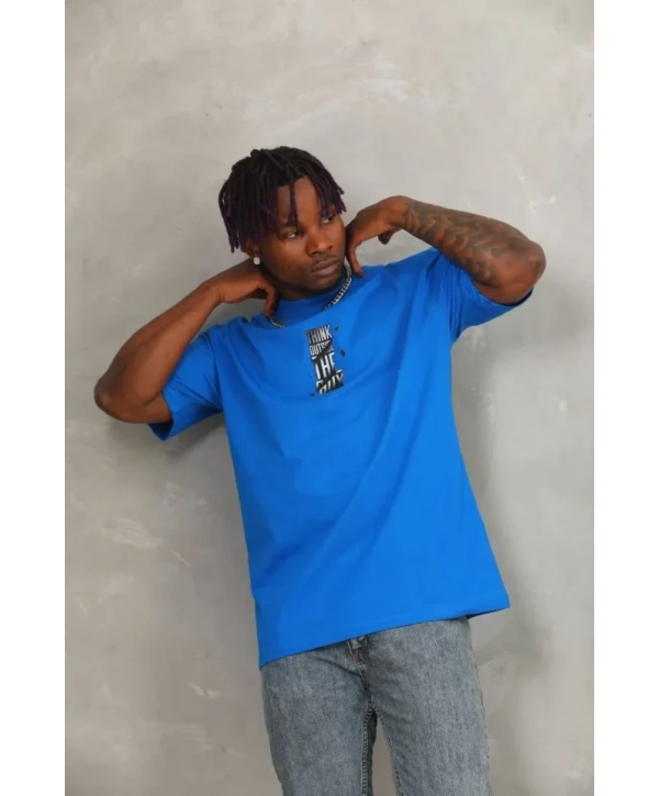 Unisex Oversize Baskılı Bisiklet Yaka T-Shirt - Mavi