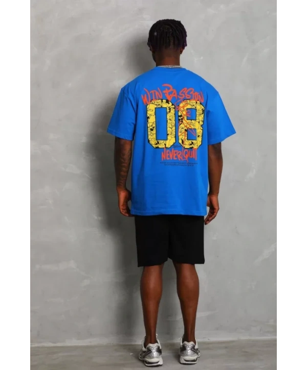 Unisex Oversize Baskılı Bisiklet Yaka T-Shirt - Mavi