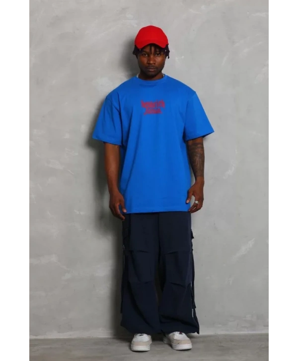 Unisex Oversize Baskılı Bisiklet Yaka T-Shirt - Mavi