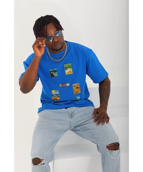 Unisex Oversize Baskılı Bisiklet Yaka T-Shirt - Mavi