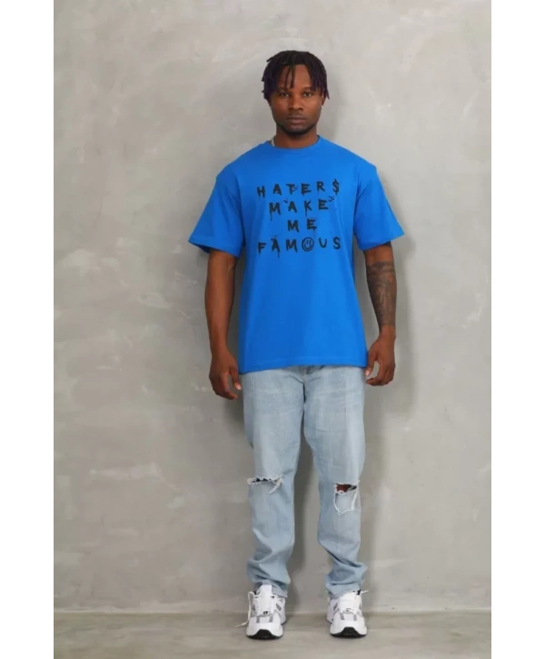 Unisex Oversize Baskılı Bisiklet Yaka T-Shirt - Mavi