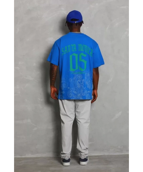 Unisex Oversize Baskılı Bisiklet Yaka T-Shirt - Mavi