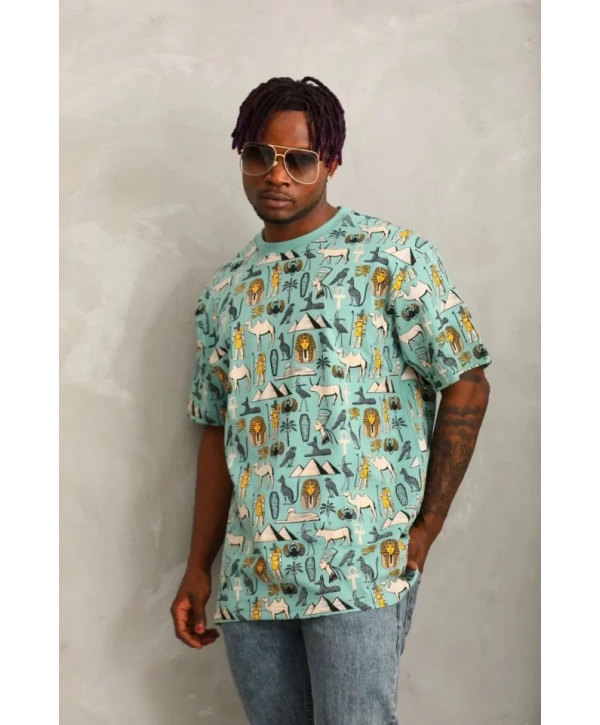 Unisex Oversize Baskılı Bisiklet Yaka T-Shirt - Mint Yeşili