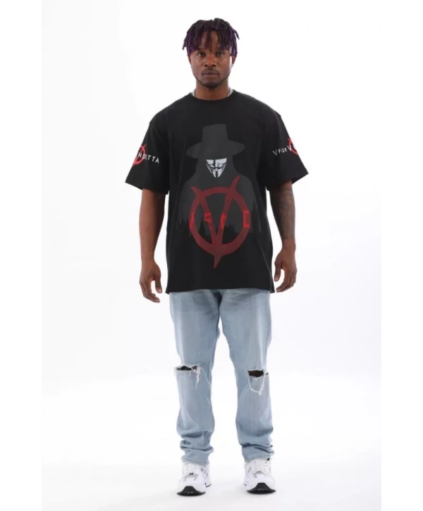 Unisex Oversize Baskılı Bisiklet Yaka T-Shirt - Siyah