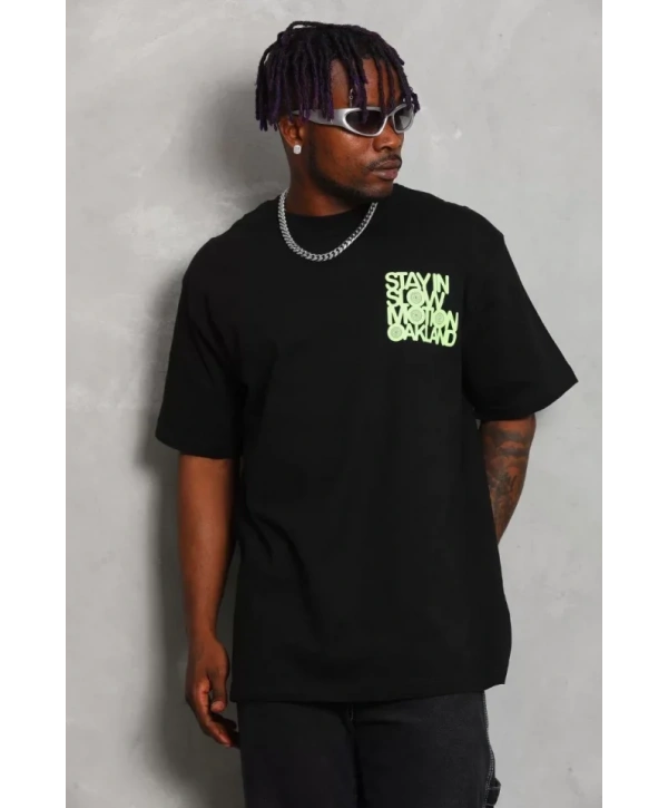 Unisex Oversize Baskılı Bisiklet Yaka T-Shirt - Siyah