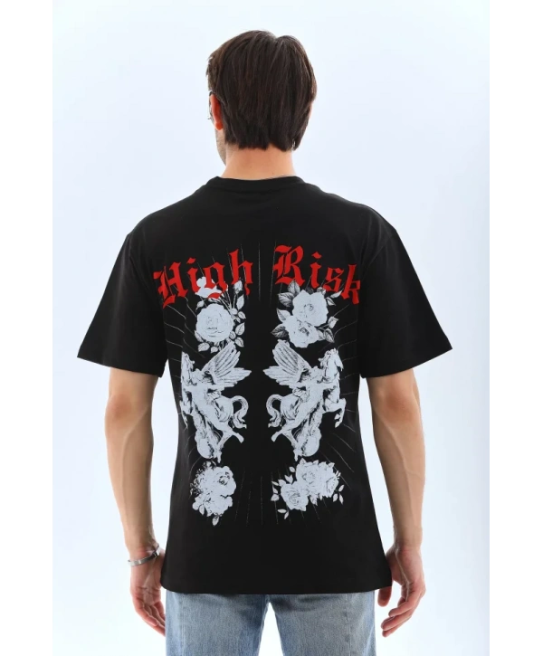 Unisex Oversize Baskılı Bisiklet Yaka T-Shirt - Siyah