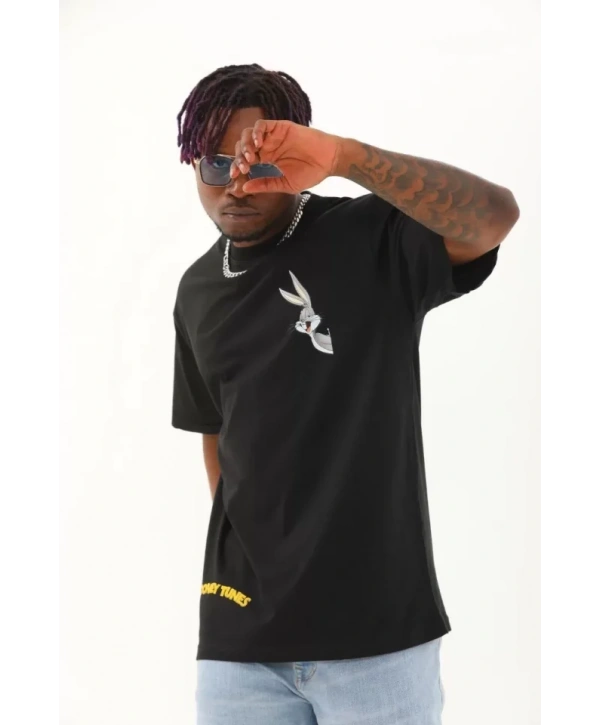 Unisex Oversize Baskılı Bisiklet Yaka T-Shirt - Siyah