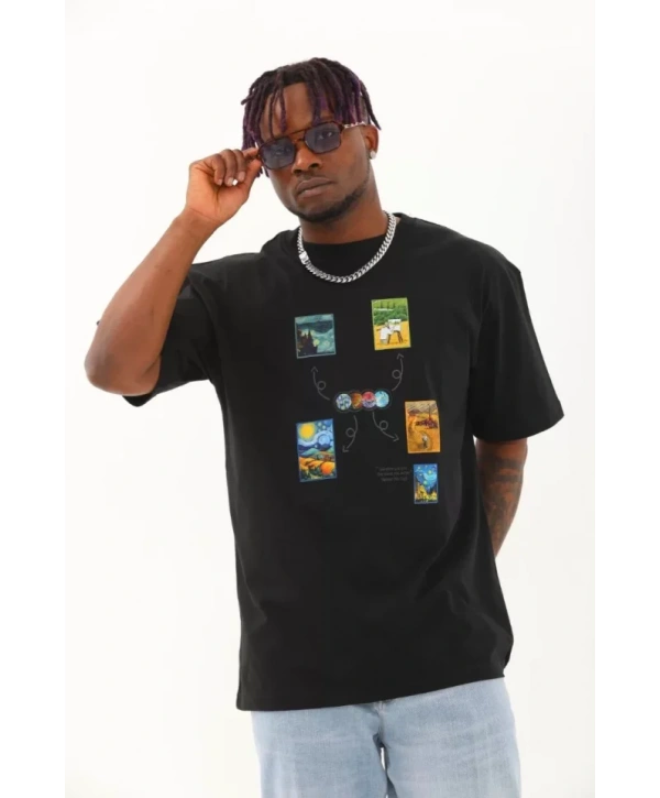 Unisex Oversize Baskılı Bisiklet Yaka T-Shirt - Siyah