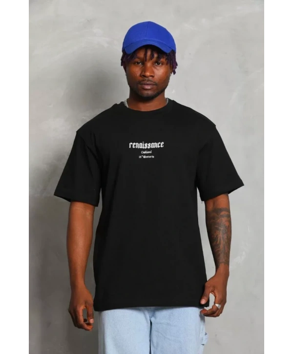 Unisex Oversize Baskılı Bisiklet Yaka T-Shirt - Siyah