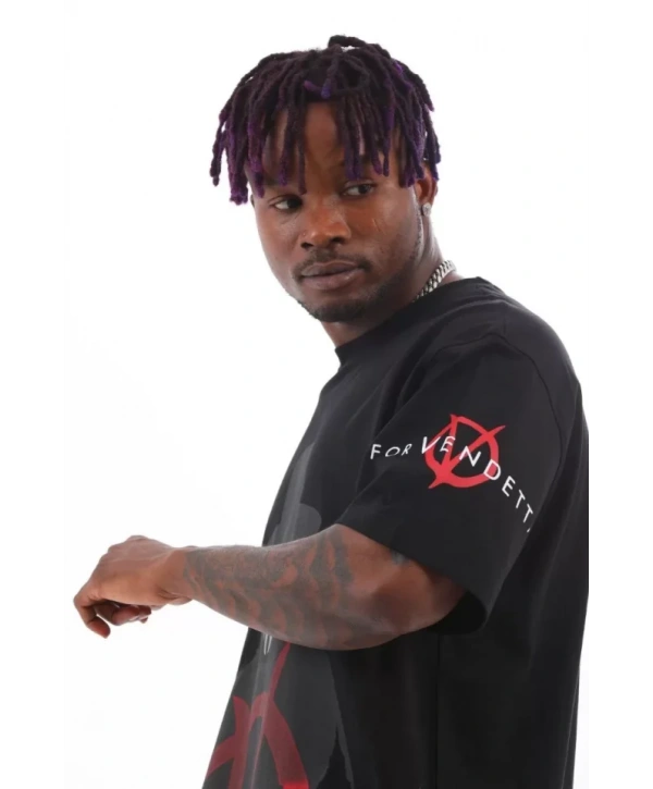 Unisex Oversize Baskılı Bisiklet Yaka T-Shirt - Siyah