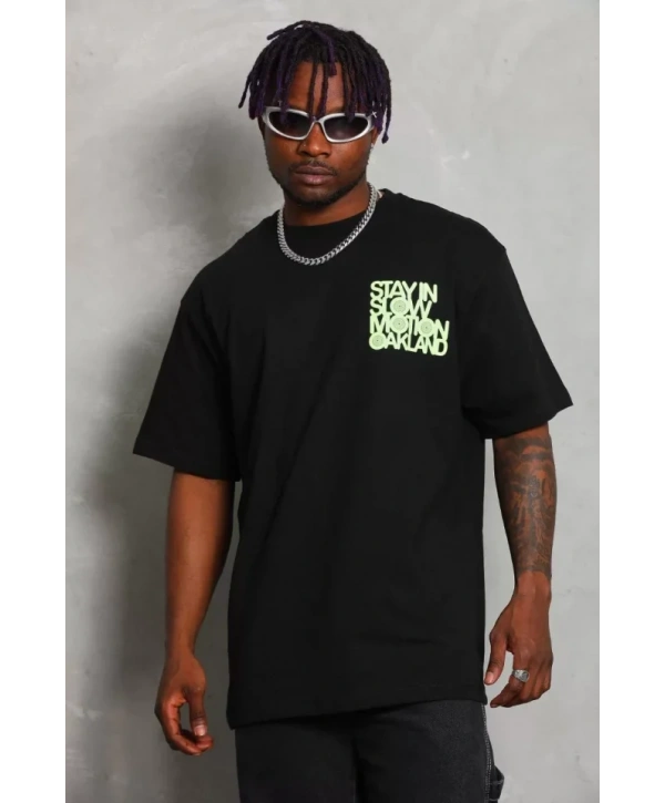 Unisex Oversize Baskılı Bisiklet Yaka T-Shirt - Siyah