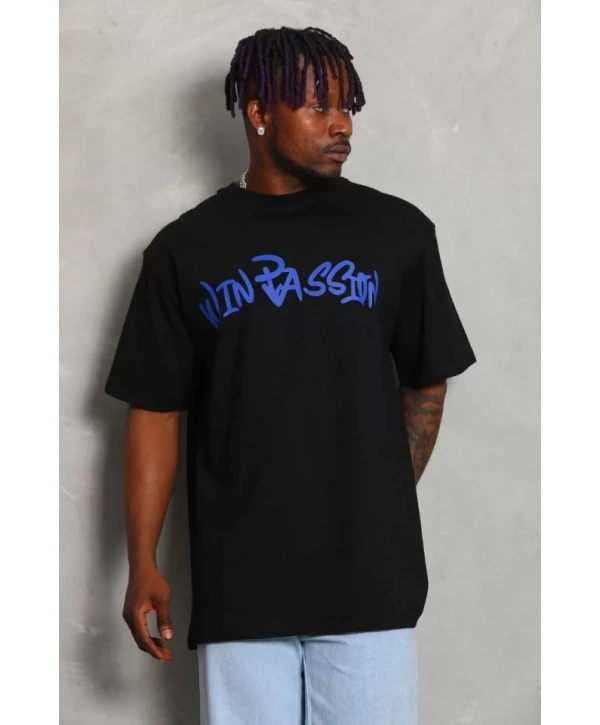 Unisex Oversize Baskılı Bisiklet Yaka T-Shirt - Siyah