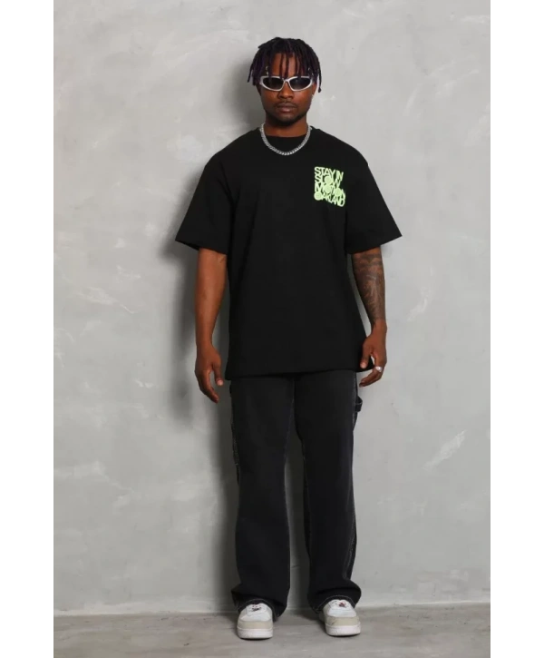 Unisex Oversize Baskılı Bisiklet Yaka T-Shirt - Siyah