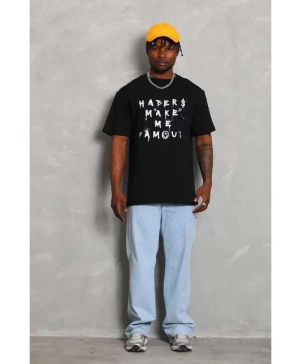 Unisex Oversize Baskılı Bisiklet Yaka T-Shirt - Siyah