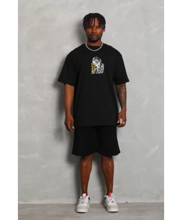 Unisex Oversize Baskılı Bisiklet Yaka T-Shirt - Siyah