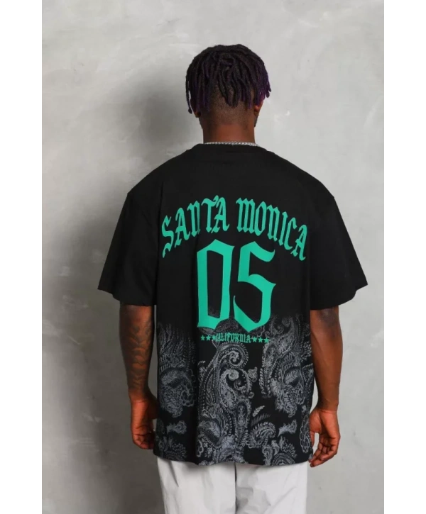 Unisex Oversize Baskılı Bisiklet Yaka T-Shirt - Siyah