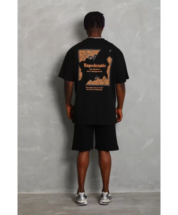 Unisex Oversize Baskılı Bisiklet Yaka T-Shirt - Siyah