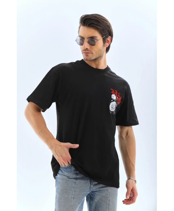 Unisex Oversize Baskılı Bisiklet Yaka T-Shirt - Siyah