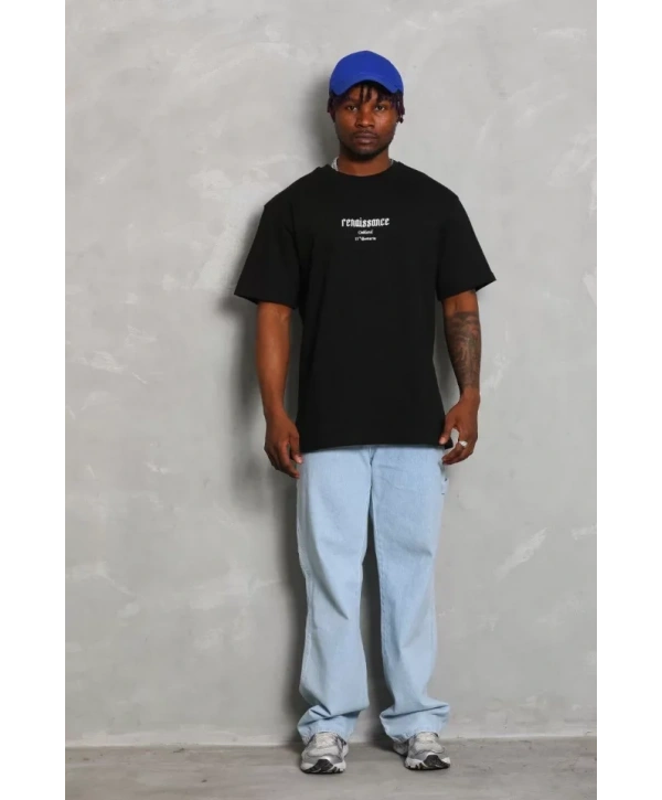 Unisex Oversize Baskılı Bisiklet Yaka T-Shirt - Siyah