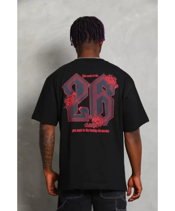 Unisex Oversize Baskılı Bisiklet Yaka T-Shirt - Siyah