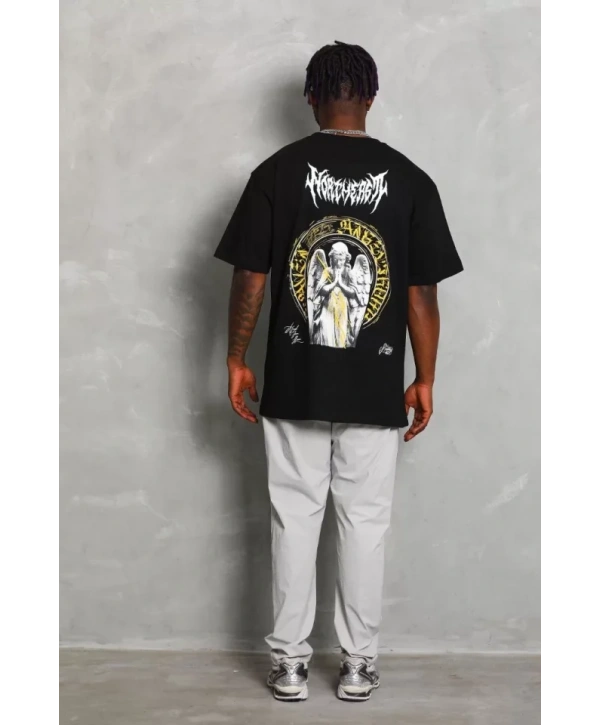 Unisex Oversize Baskılı Bisiklet Yaka T-Shirt - Siyah