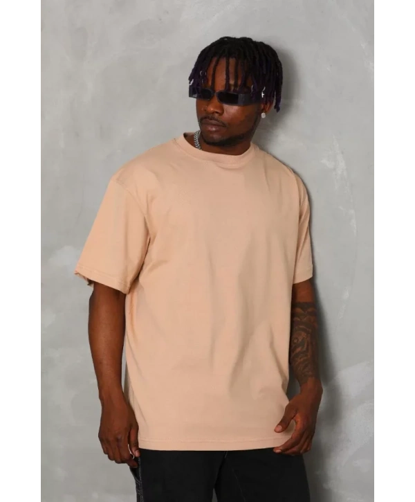 Unisex Oversize Düz Bisiklet Yaka T-Shirt - Bej