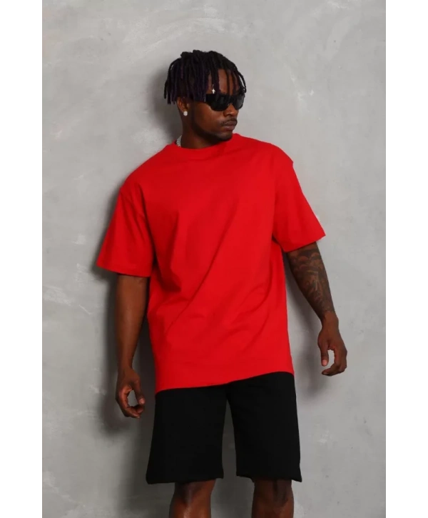 Unisex Oversize Düz Bisiklet Yaka T-Shirt - Kırmızı
