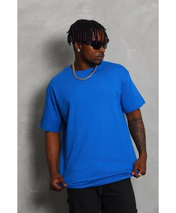 Unisex Oversize Düz Bisiklet Yaka T-Shirt - Mavi