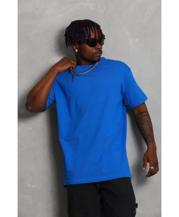 Unisex Oversize Düz Bisiklet Yaka T-Shirt - Mavi