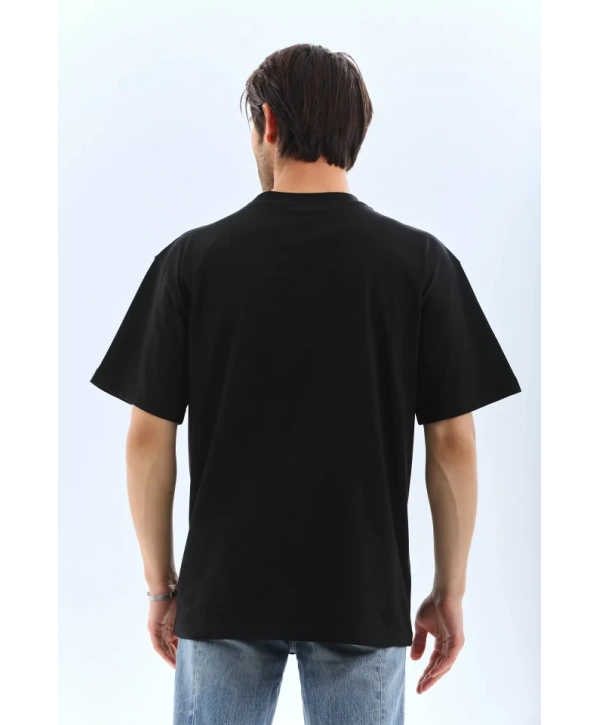 Unisex Oversize Düz Bisiklet Yaka T-Shirt - Siyah