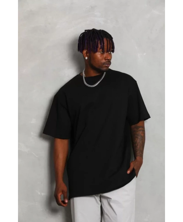 Unisex Oversize Düz Bisiklet Yaka T-Shirt - Siyah