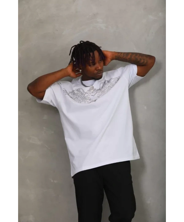 Unisex Oversize Taşlı Bisiklet Yaka T-Shirt - Beyaz