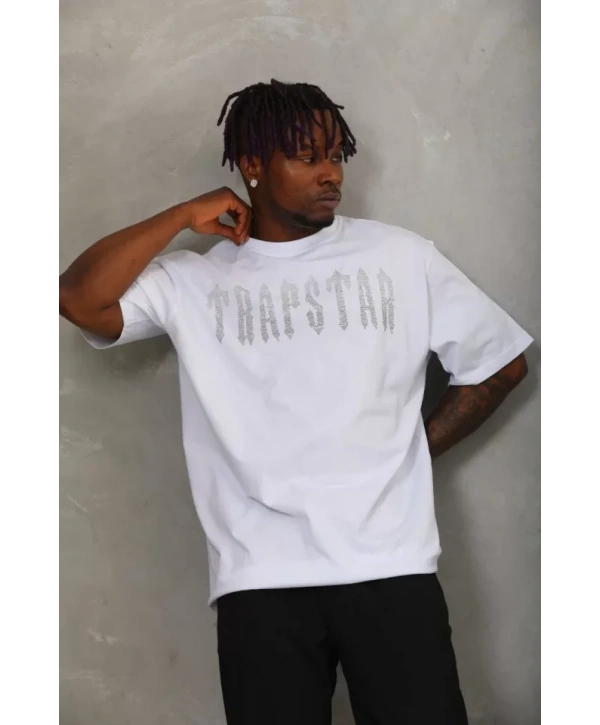 Unisex Oversize Taşlı Bisiklet Yaka T-Shirt - Beyaz