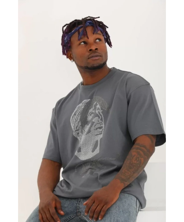 Unisex Oversize Taşlı Bisiklet Yaka T-Shirt - Füme