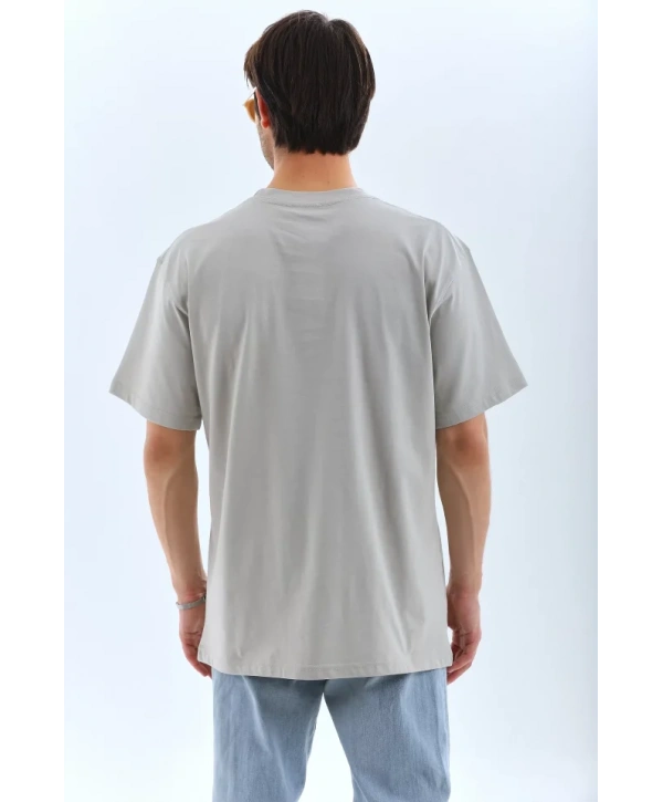 Unisex Oversize Taşlı Bisiklet Yaka T-Shirt - Gri