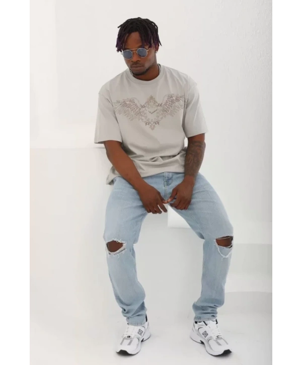 Unisex Oversize Taşlı Bisiklet Yaka T-Shirt - Gri